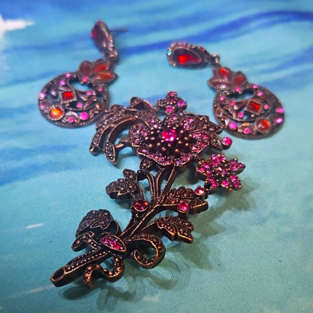Vintage Brooch & Matching Pierced Earrings Purple Pink Red Stone THELMA Deutsch